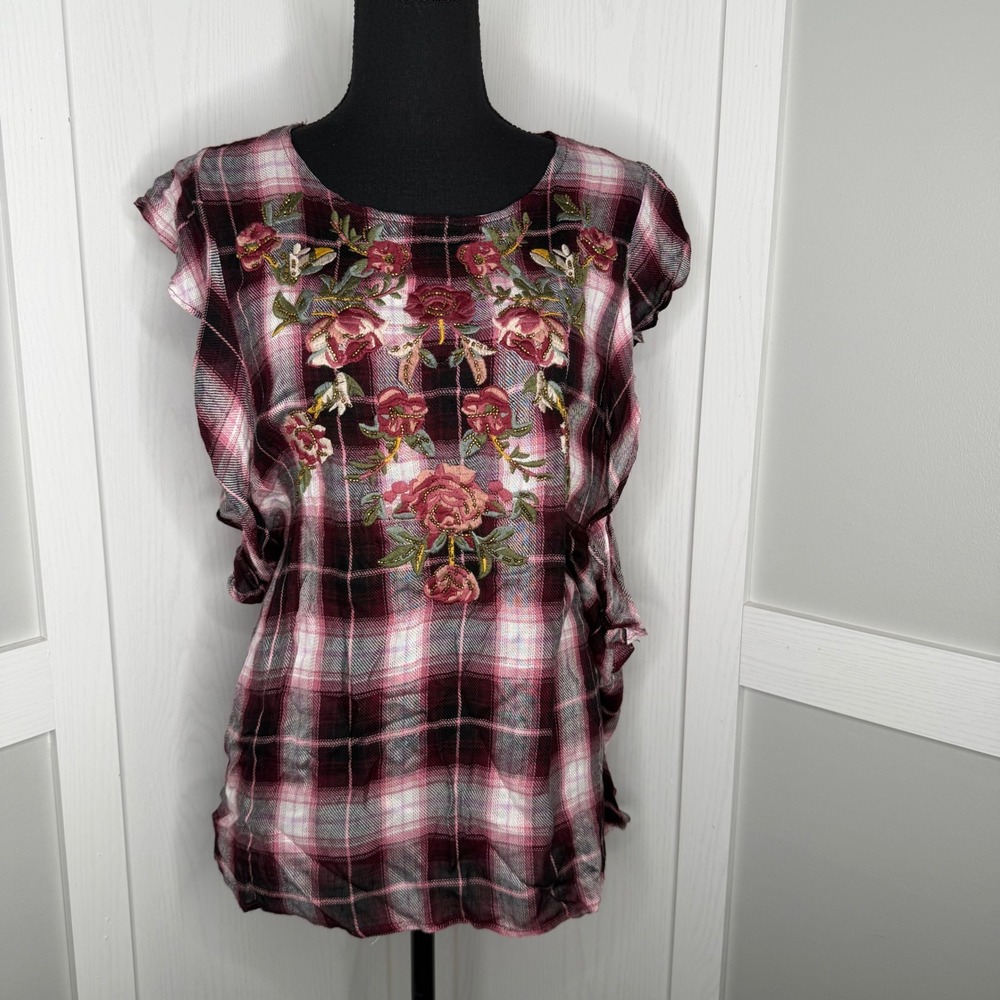 C+J Collection Top Womens Large Burgundy Plaid Floral Embroidered Beaded Blouse